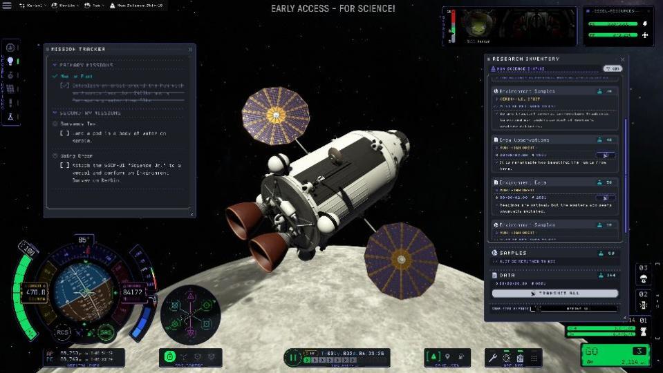 a cylindrical spacecraft with two circular solar panels orbits the moon