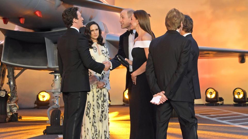 Miles Teller, Jennifer Connelly, Prince William, Duke of Cambridge, Catherine, Duchess of Cambridge, Jerry Bruckheimer and Tom Cruise attend the Royal Film Performance screening of "Top Gun: Maverick"