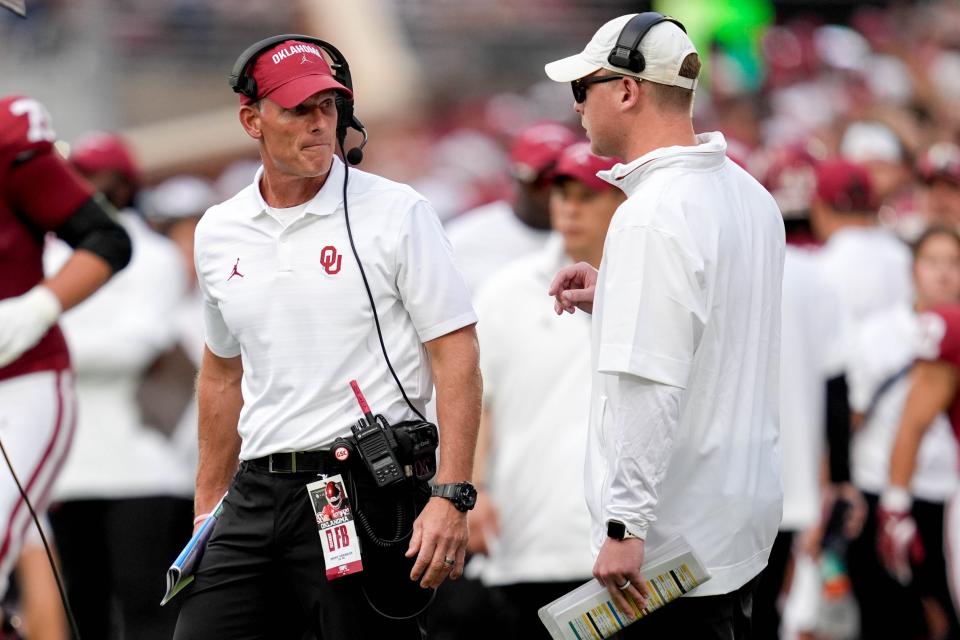 Oklahoma head coach Brent Venables walks on the field during a time out in the first half of an NCAA football game between Oklahoma (OU) and Temple at the Gaylord Family Oklahoma Memorial Stadium in Norman, Okla., on Friday, Aug. 30, 2024. NATHAN J. FISH/THE OKLAHOMAN / USA TODAY NETWORK