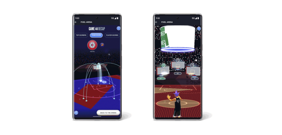 NBA Google Pixel Arene，球迷可以自己設計化身在虛擬空間中與他人進行互動，也可以在上面得到即時賽事資訊。   圖：取自Google官方部落格