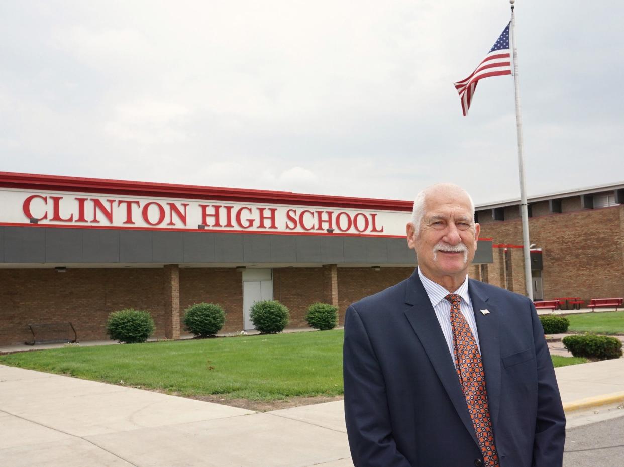 Longtime Clinton Community Schools teacher, principal and Superintendent David Pray is pictured in this file photo from June 30, 2015, outside of Clinton High School. Pray, who began his teaching career with Clinton in 1970 and retired from the district in 2013, died Thursday, April 18, 2024, at the age of 77.