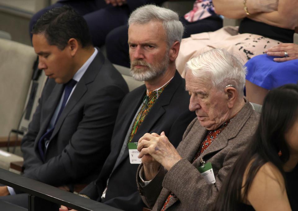 Yaroslav Hunka, right, waiting for the arrival of Ukrainian President Volodymyr Zelenskyy in the House of Commons in Ottawa, Onatario in September (AP)