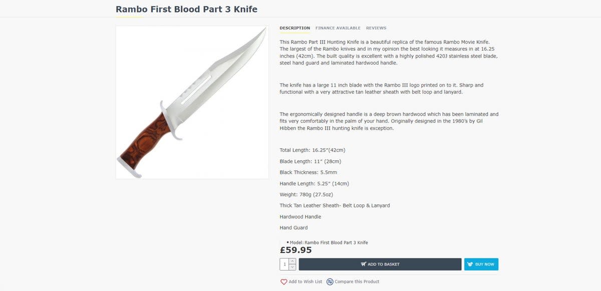 The Rambo First Blood Part 3 knife on sale for £59.95 on the DAI Leisure website (Screen shot)