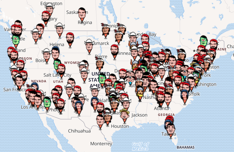 Roadside America's interactive Muffler Men map was created in 1996 to document giant statues across the United States.