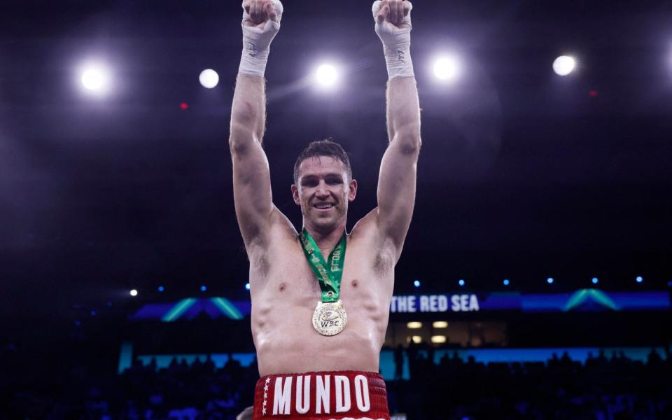 Callum Smith celebrates winning his fight against Mathieu Bauderlique - REUTERS