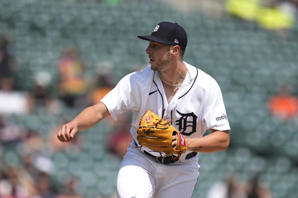 Detroit Tigers relief pitcher Brendan White throws during the eighth inning of a baseball game against the Oakland Athletics, Thursday, July 6, 2023, in Detroit. (AP Photo/Carlos Osorio)
