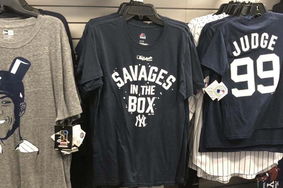 The New York Yankees are selling "Savages in the Box" T-shirts at Yankee Stadium. (Wallace Matthews/Yahoo Sports)