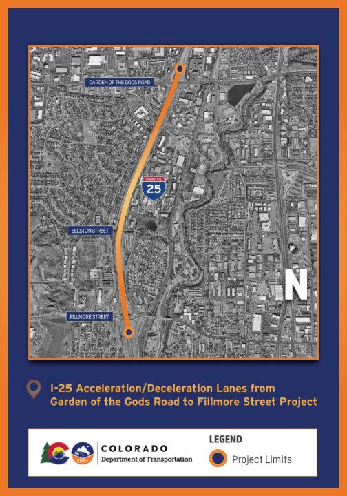 A map showing the projected acceleration and deceleration lanes on I-25