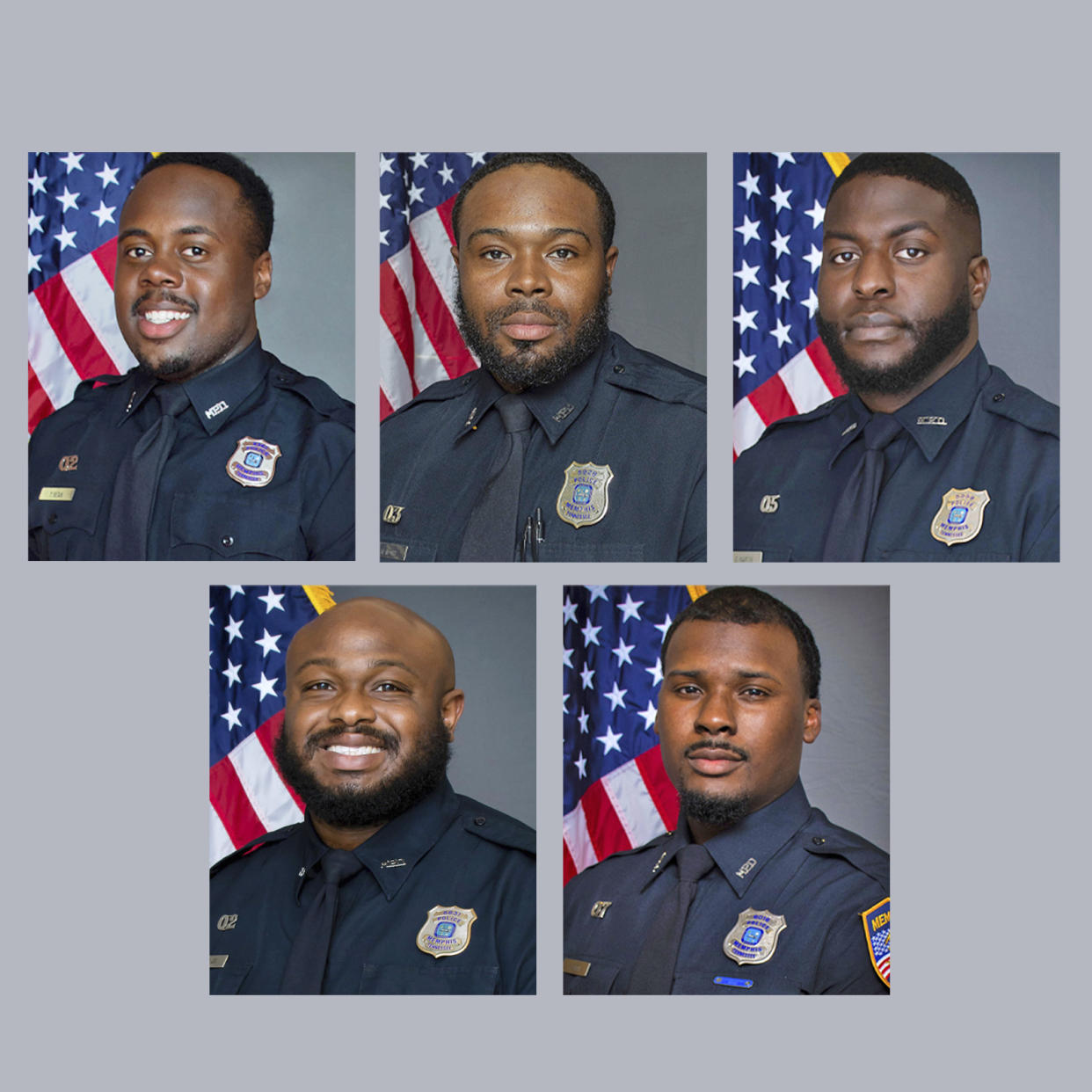 Five Memphis police officers were fired in connection with a traffic stop that led to the death of Tyre Nichols. Clockwise from top left: Tadarrius Bean, Demetrius Haley, Emmitt Martin III, Justin Smith and Desmond Mills Jr. (Memphis Police Dept. via AP)