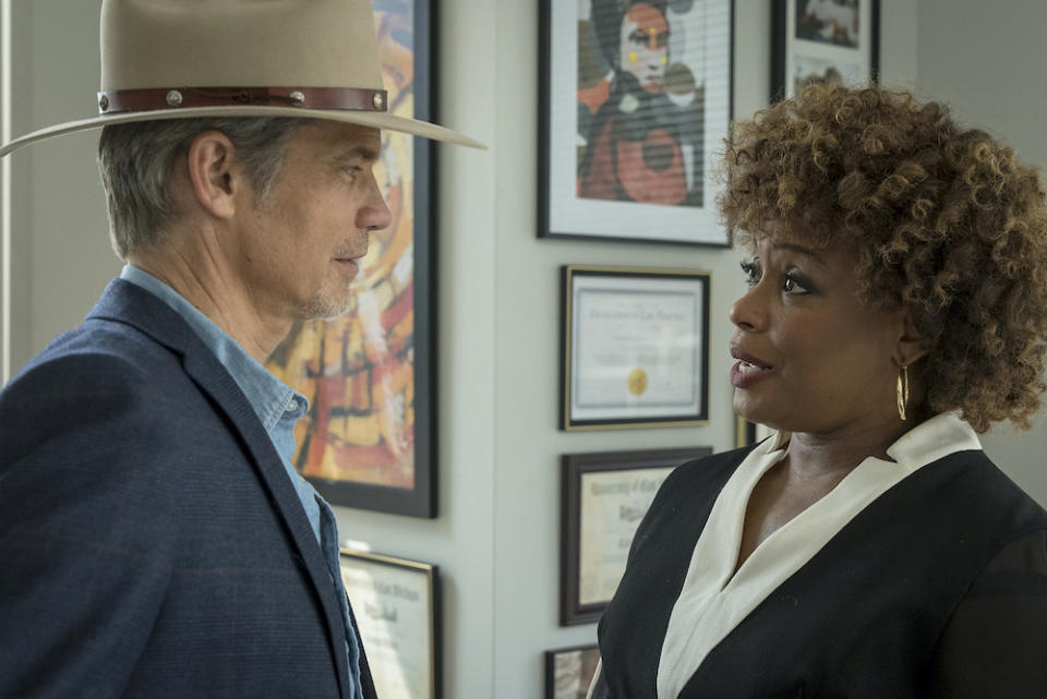 JUSTIFIED: CITY PRIMEVAL Timothy Olyphant as Raylan Givens, Aunjanue Ellis as Carolyn Wilder