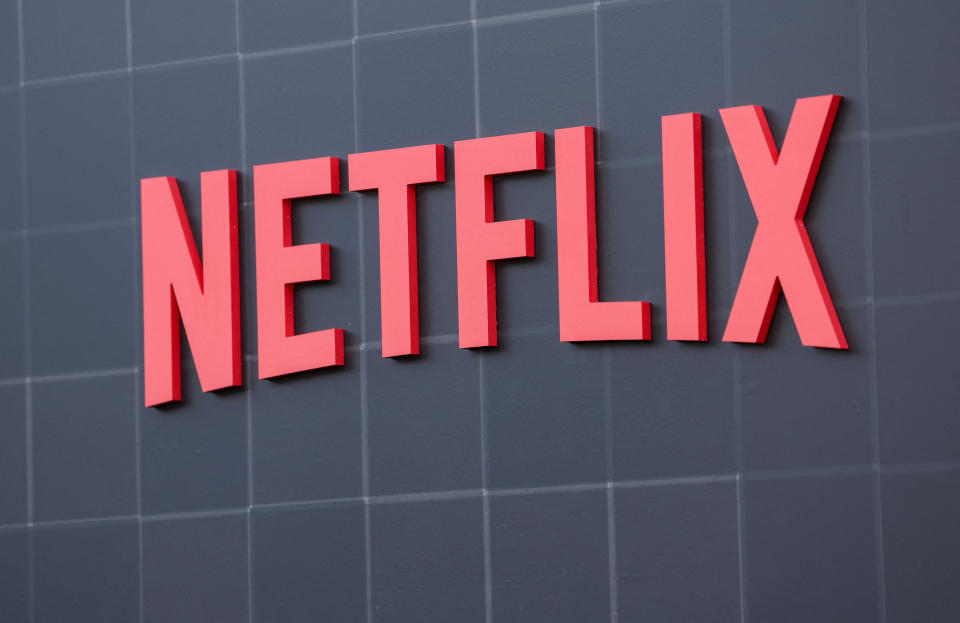 The Netflix logo is pictured at a premiere of the fourth and final season of the television series 