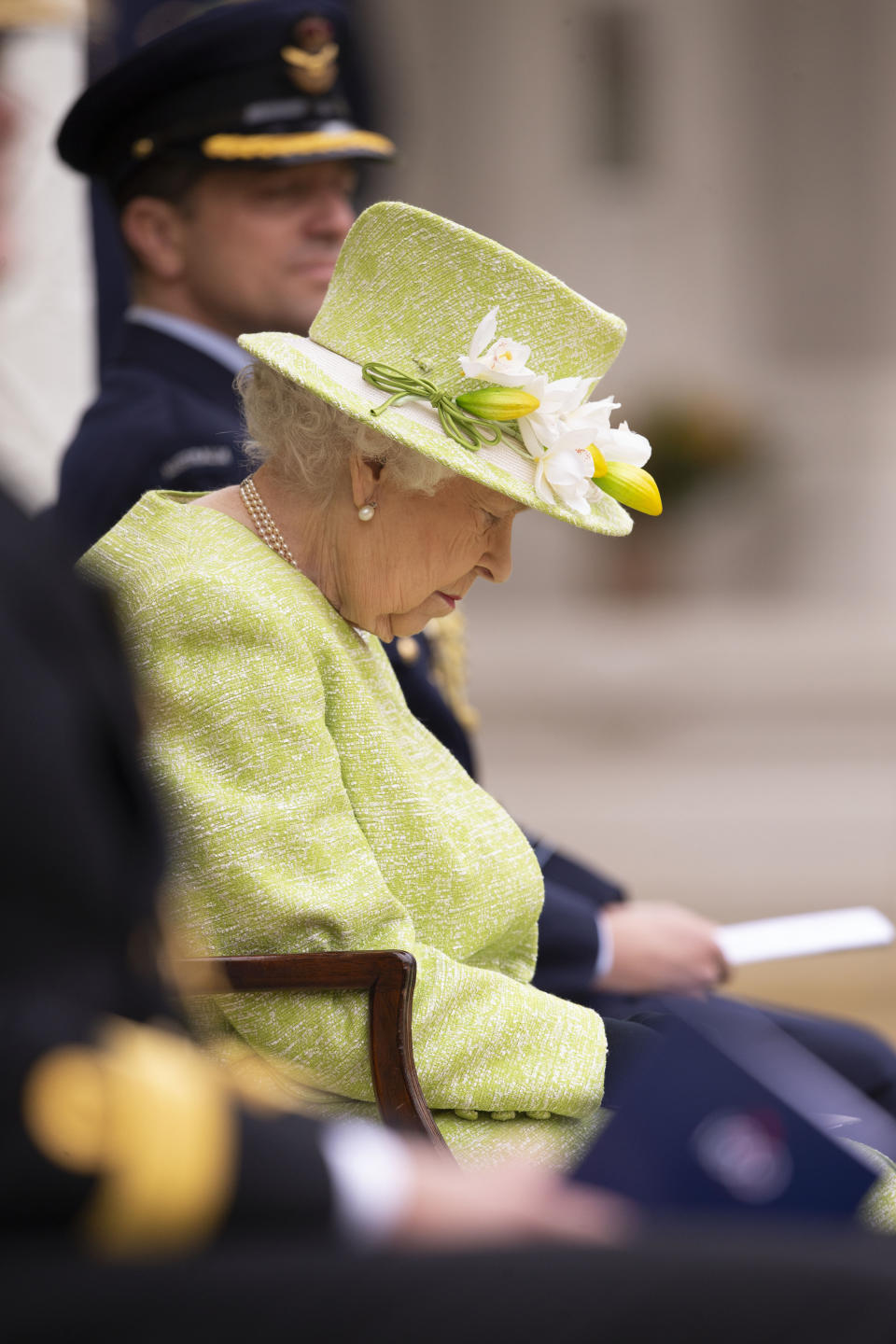 Queen Elizabeth II sits for a service to mark the Centenary of the Royal Australian Air Force at the CWGC Air Forces Memorial in Runnymede, Surrey. Picture date: Wednesday March 31, 2021.