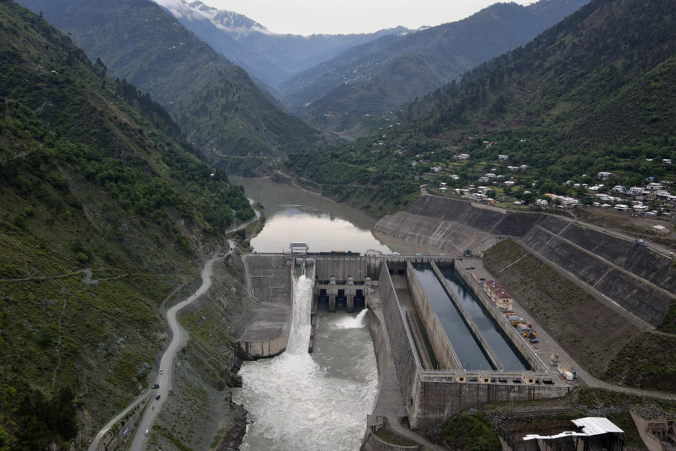 The main dam of the Neelum-Jhelum Hydropower Project is seen in Nauseri, Pakistan, near Muzaffarabad, the capital of Pakistan administrated Kashmir, Thursday, May 4, 2023. The power plant, built by a Chinese consortium, had to be shut down for fear it could collapse. (AP Photo/Shahzaib Afzal)