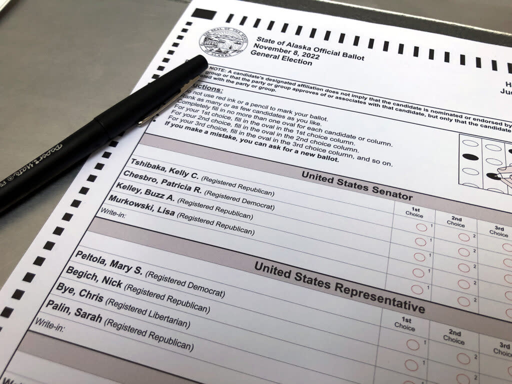 A ranked-choice ballot for Alaska's Nov. 8, 2022, general election