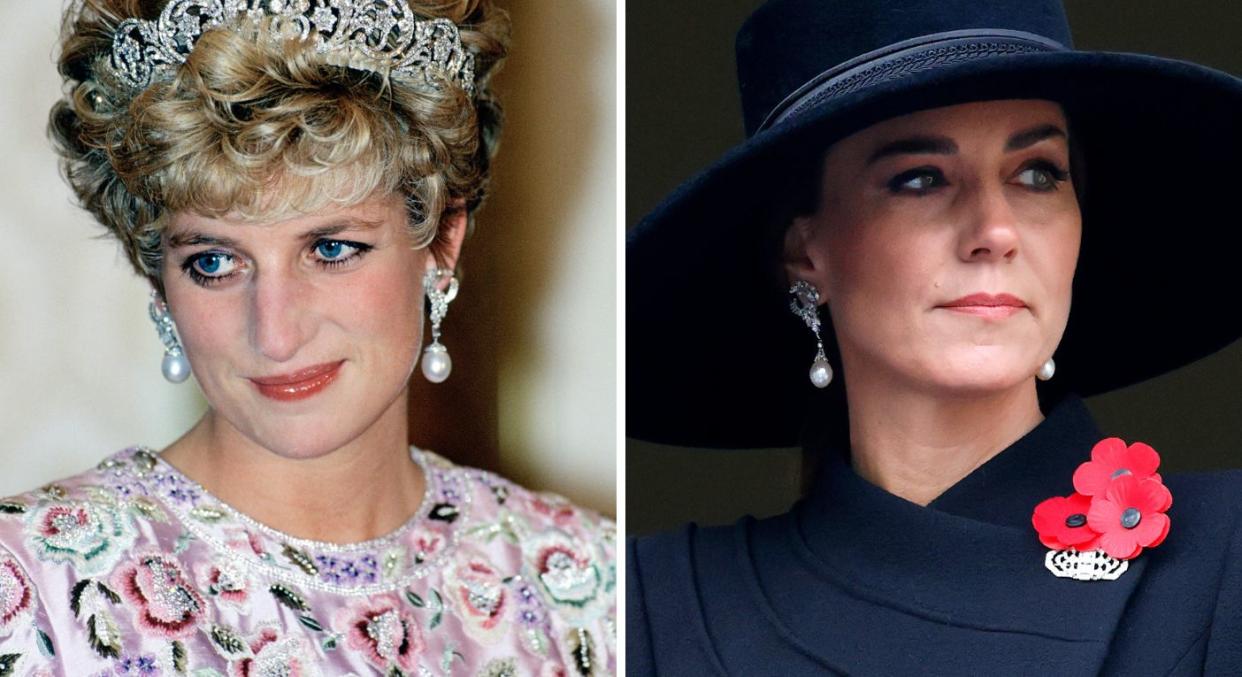 Diana, Princess of Wales wearing the same earrings that Kate, the new Princess of Wales, wore on Remembrance Sunday yesterday. (Getty Images) 