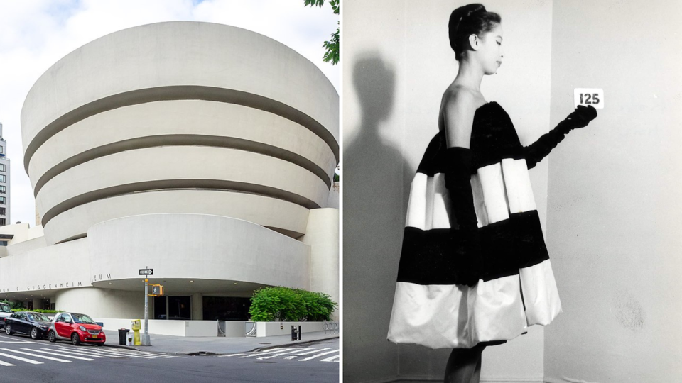 A la derecha, el Museo Solomon R. Guggenheim diseñado por Frank Lloyd Wright. A la izquierda, una imagen de una modelo con un vestido de la colección de 1958.