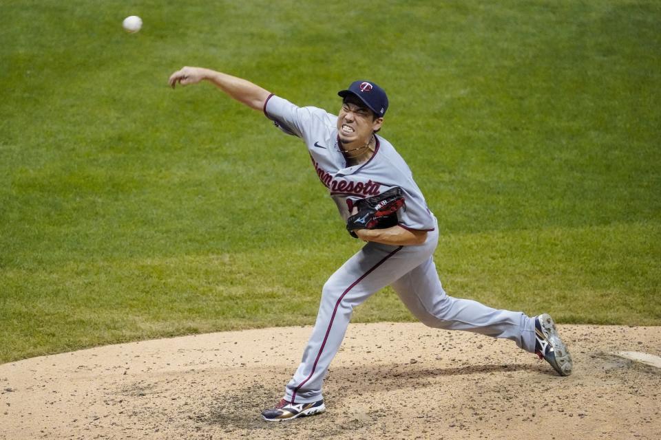 Minnesota Twins starting pitcher Kenta Maeda throws during the sixth inning of a baseball game against the Milwaukee Brewers Wednesday, Aug. 12, 2020, in Milwaukee. (AP Photo/Morry Gash)