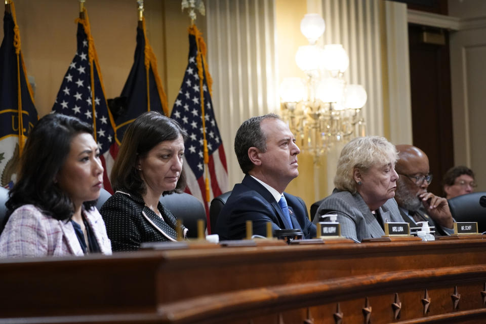 FILE - Rep. Stephanie Murphy, D-Fla., from left, Rep. Elaine Luria, D-Va., Rep. Adam Schiff, D-Calif., Rep. Zoe Lofgren, D-Calif.,and Chairman Bennie Thompson, D-Miss., listen as the House select committee investigating the Jan. 6 attack on the U.S. Capitol holds a hearing at the Capitol in Washington, June 28, 2022. The House committee investigating the Capitol riot will hold its final meeting Monday, Dec. 19, wrapping up its year-and-a-half-long inquiry by asking the Justice Department to investigate potential crimes. (AP Photo/J. Scott Applewhite, File)