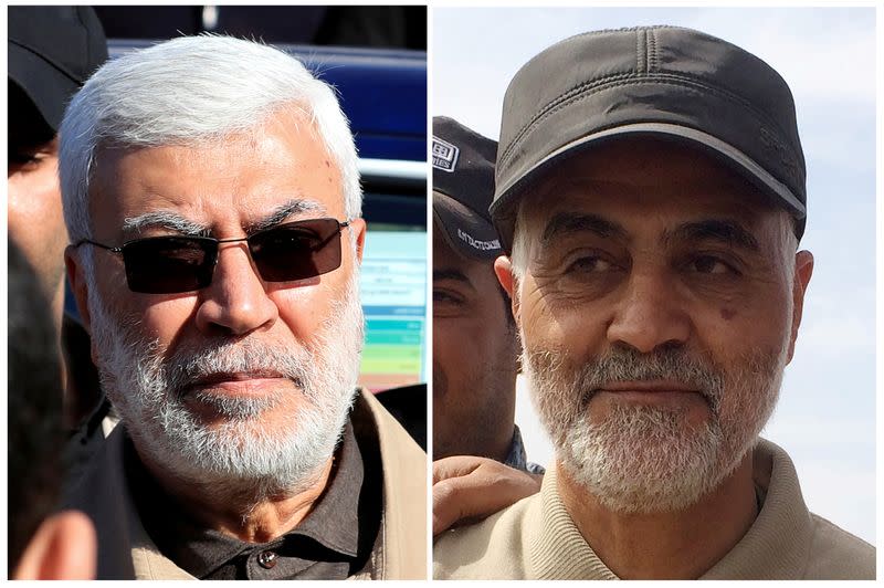 Combination of file photos showing Abu Mahdi al-Muhandis, a commander in the Popular Mobilization Forces and Iranian Revolutionary Guard Commander Qassem Soleimani