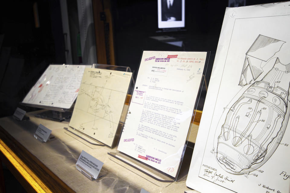 In this image provided by Los Alamos National Laboratory, handwritten notes are displayed as part of the "J. Robert Oppenheimer: The Exhibit" at the Bradbury Science Museum on July 11, 2023, in Los Alamos, N.M. A new film on the scientist's life and his role in the development of the atomic bomb as part of the Manhattan Project during World War II opens in theaters on Friday, July 21, 2023. (Los Alamos National Laboratory via AP)
