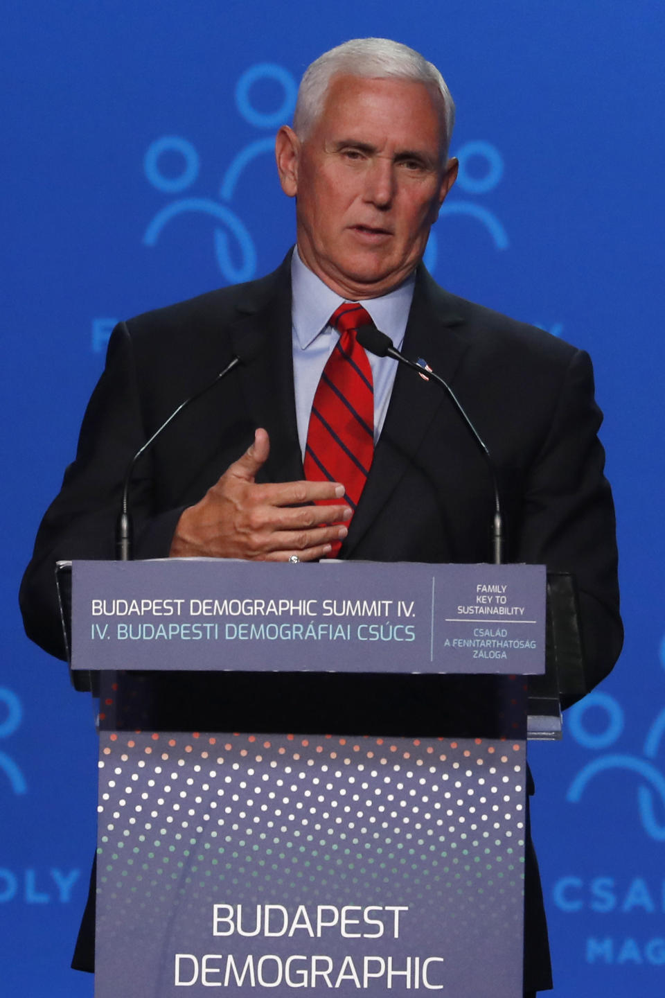 Former US Vice President Mike Pence holds a speech during the 4th Budapest Demographic Summit in Budapest, Hungary, Thursday, Sept. 23, 2021. The biannual demographic summit, which was first organized in 2015, offers a forum for "pro-family thinker" decision-makers, scientists, researchers, and church representatives of the same sort to exchange their thoughts about connections between demographics and sustainability. (AP Photo/Laszlo Balogh)