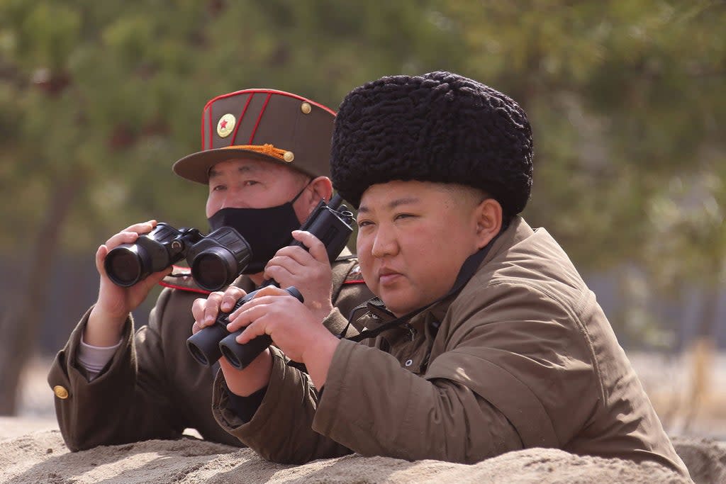 North Korean leader Kim Jong-un supervising a ‘strike drill’ in 2020 (KCNA VIA KNS/AFP via Getty Image)