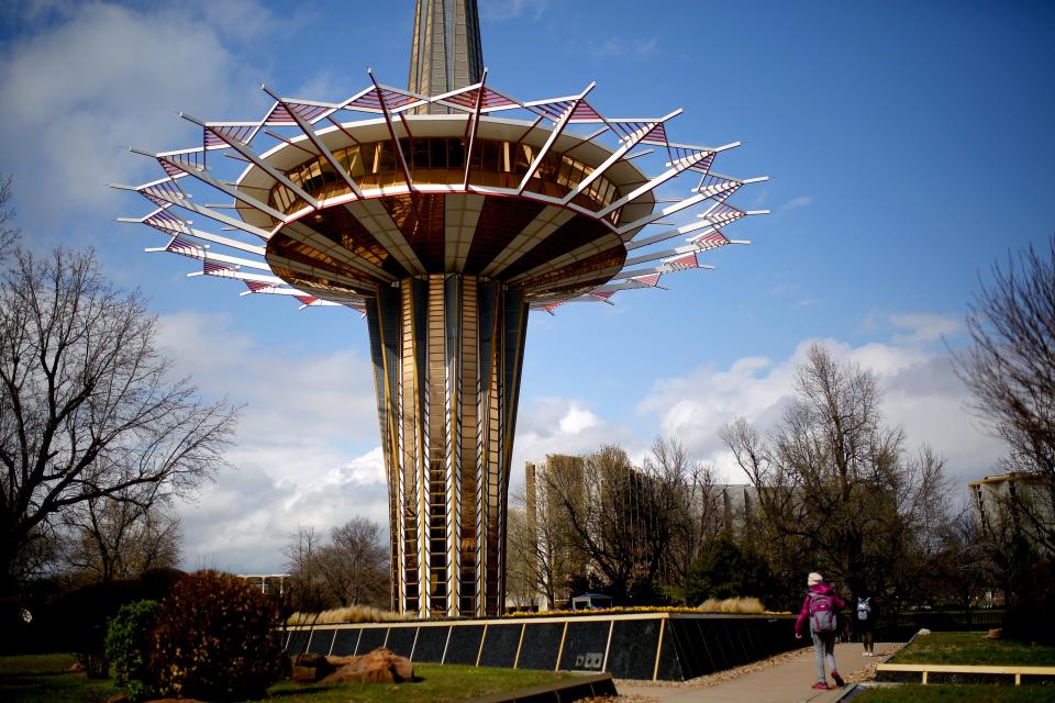 A view of the Prayer Tower on the campus of Oral Roberts University in Tulsa.