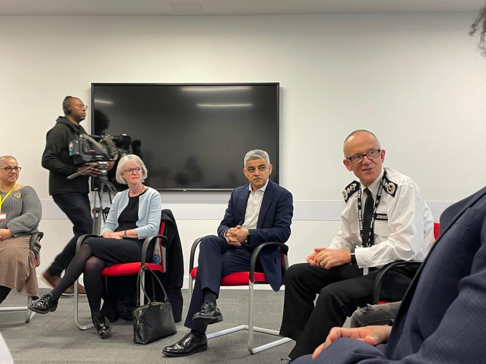 Deputy Mayor for Policing Sophie Linden, Mayor Sadiq Khan and Met Commissioner Sir Mark Rowley spoke with participants in the Met’s community input training programme this week, where trainee officers hear directly from representatives of London’s minority communities (Noah Vickers/Local Democracy Reporting Service)