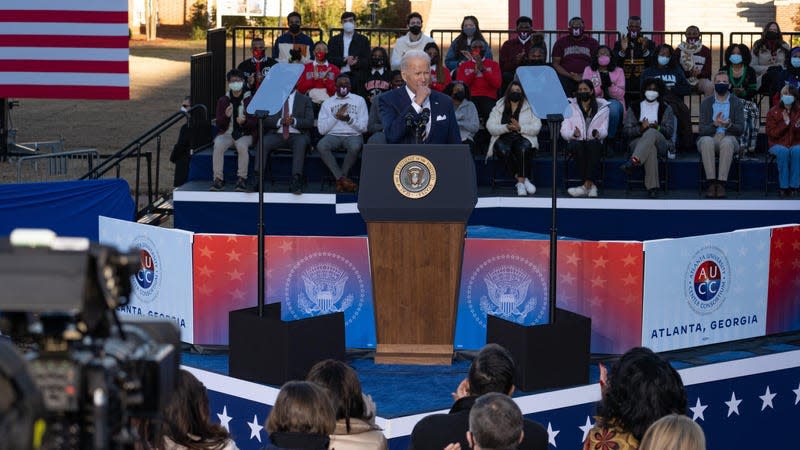 ATLANTA, GA - JANUARY 11: U.S. President Joe Biden speaks to a crowd at the Atlanta University Center Consortium, part of both Morehouse College and Clark Atlanta University on January 11, 2022 in Atlanta, Georgia. Biden and Vice President Kamala Harris delivered remarks on voting rights legislation. Georgia has been a focus point for voting legislation after the state voted Democratic for the first time in almost 30 years in the 2020 election. As a result, the Georgia House passed House Bill 531 to limit voting hours, drop boxes, and require a government ID when voting by mail. - Photo: Megan Varner (Getty Images)