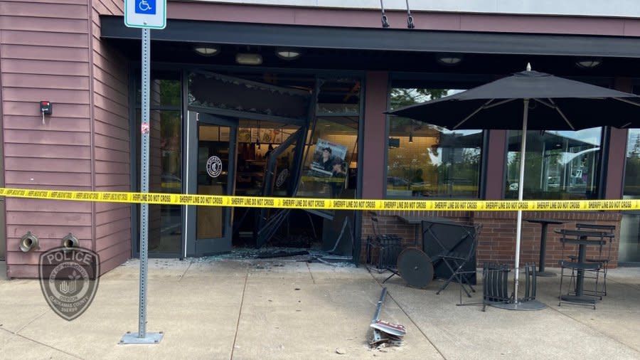 A suspected drunk driver crashed through the front of a Wilsonville Chipotle on May 20 (WPD)