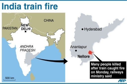 Map of India showing the area in Andhra Pradesh state where a fire broke out on a passenger train early Monday