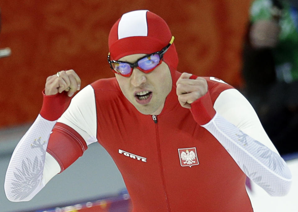 Poland's Zbigniew Brodka celebrates after racing in the men's 1,500-meter speedskating at the Adler Arena Skating Center during the 2014 Winter Olympics in Sochi, Russia, Saturday, Feb. 15, 2014. (AP Photo/Patrick Semansky)