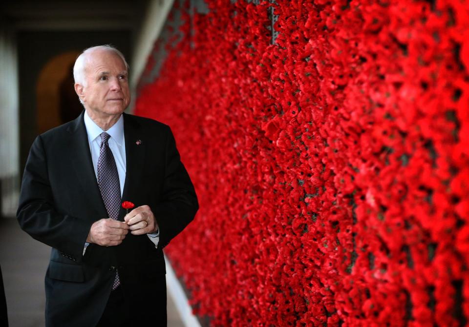 <p>McCain looks at the Roll of Honour after the Last Post Ceremony at the Australian War Memorial in Canberra, Australia on May 2017.</p>