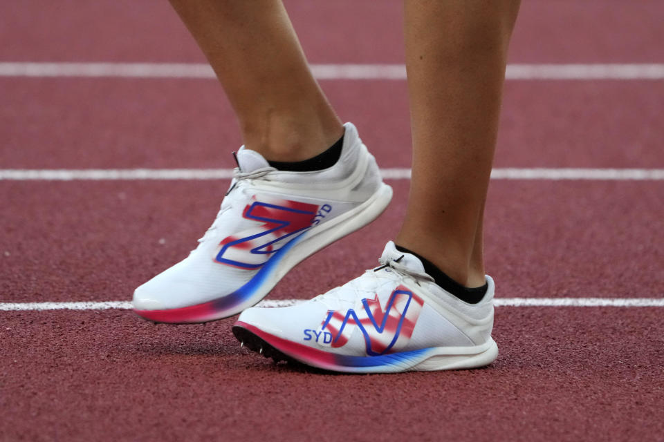 Jul 7, 2023; Eugene, OR, USA; The New Balance spikes worn by Sydney McLaughlin-Levrone in a women's 400m semiffinal during the USATF Championships at Hayward Field. Mandatory Credit: Kirby Lee-USA TODAY Sports