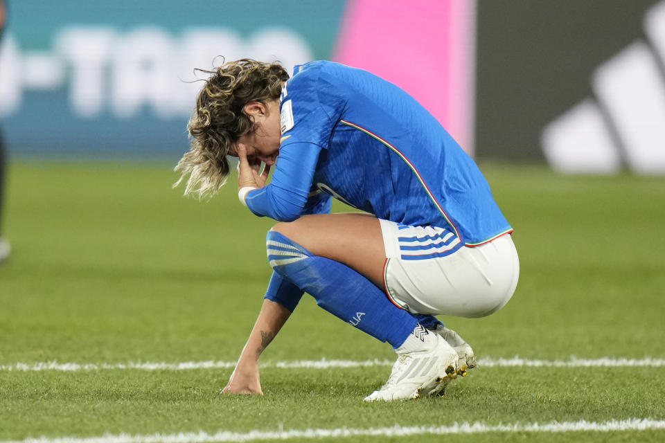 Italy's Valentina Giacinti reacts after loosing the Women's World Cup Group G soccer match against South Africa in Wellington, New Zealand, Wednesday, Aug. 2, 2023. (AP Photo/Alessandra Tarantino)
