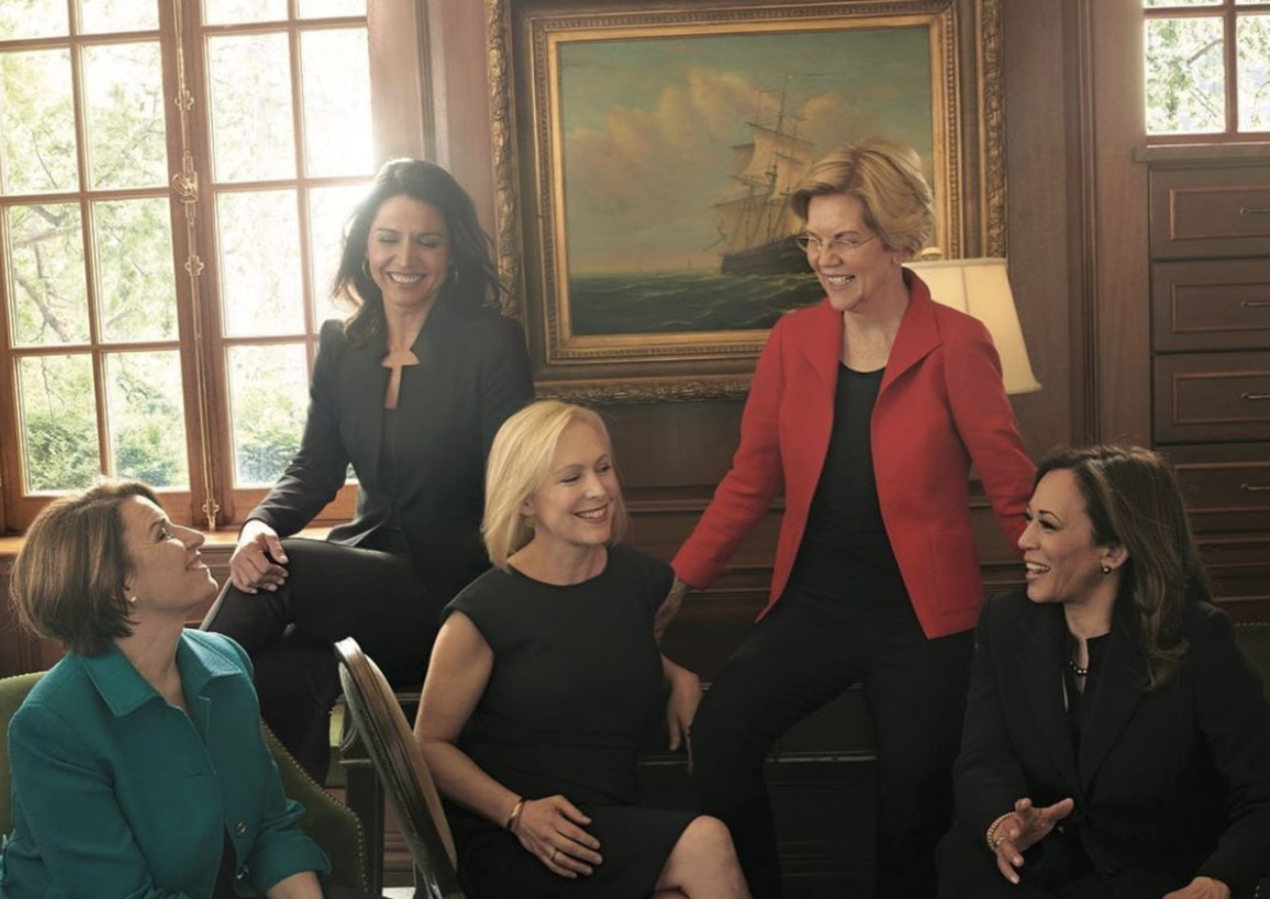 Sen. Amy Klobuchar, Rep. Tulsi Gabbard, Sen. Kirsten Gillibrand, Sen. Elizabeth Warren and Sen. Kamala Harris pose for Vogue. (Photo: Vogue/Annie Leibovitz)