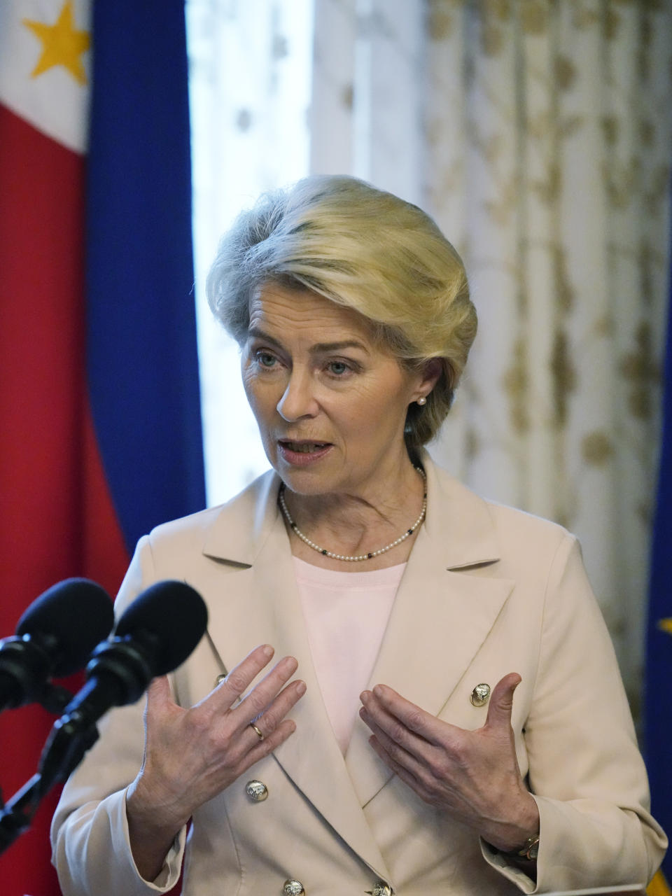 European Commission President Ursula von der Leyen gestures during a joint press statement with Philippine President Ferdinand Marcos Jr., not shown, at the Malacanang Presidential Palace in Manila, Philippines on, Monday, July 31, 2023. (AP Photo/Aaron Favila, Pool)