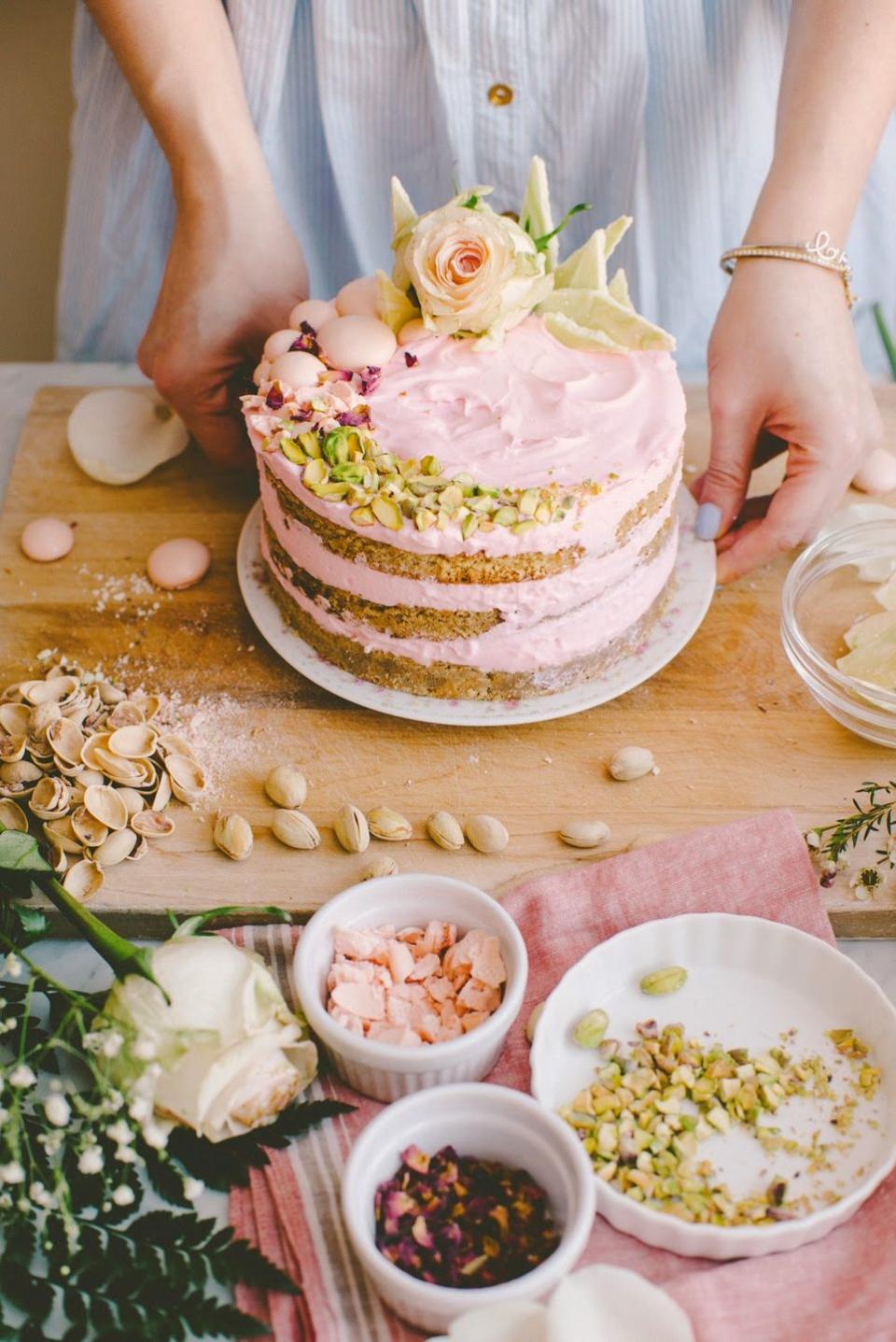 White Chocolate Spiced Cake With Rosewater Cream Cheese And Pistachios