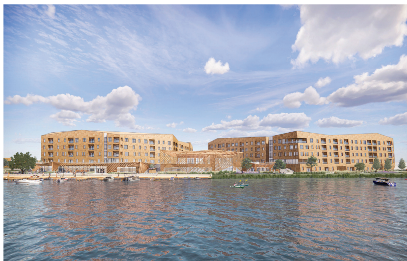 An artist's rendering of the "Water's Edge" project proposed along the Cayuga Inlet in Ithaca, slated to begin the first phase of construction in Oct. 2024.