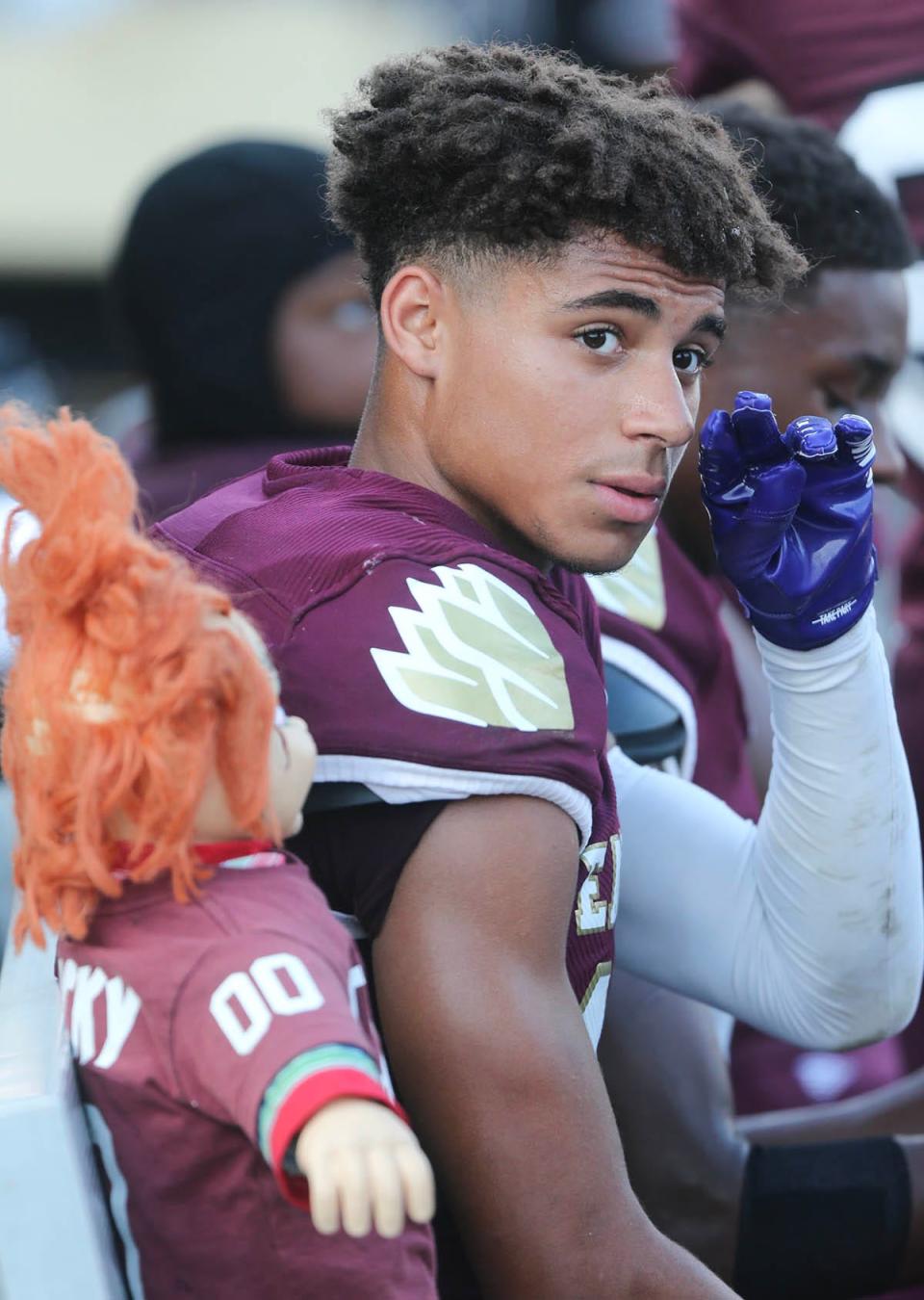 DB Teray Geiger sits next to the infamous “Chucky” doll, which is awarded in game to a player who makes an outstanding play.Geiger made an interception near the end zone during a Niceville Escambia spring football scrimmage at Niceville.