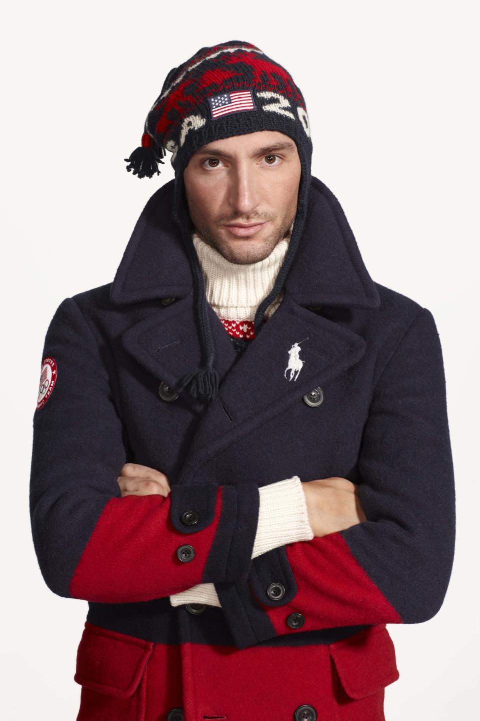 This undated product image provided by Ralph Lauren shows U.S. Olympic skater Evan Lysacek wearing fashion by designer Ralph Lauren for the 2014 Winter Olympics. Every article of clothing made by Ralph Lauren for the U.S. Olympic athletes in Sochi has been made by domestic craftsman and manufacturers. (AP Photo/Ralph Lauren)