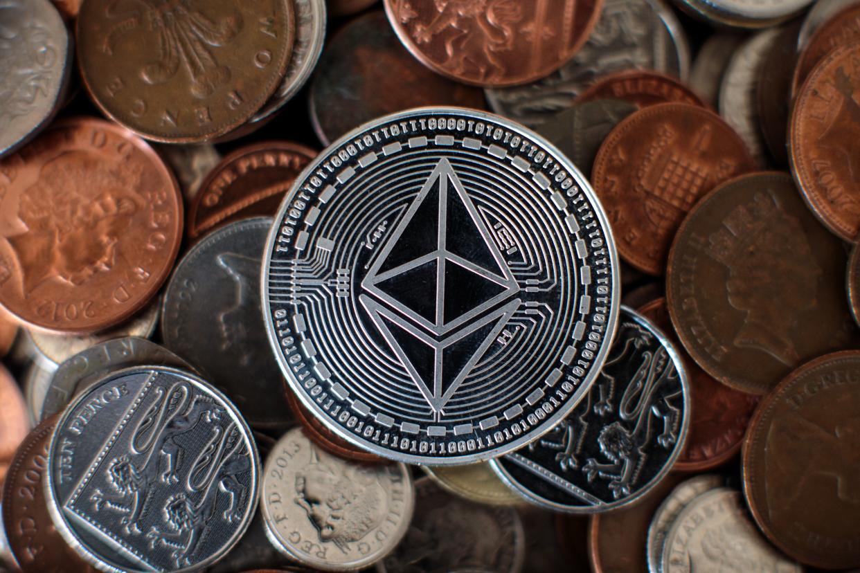 In this photo illustration of the ethereum cryptocurrency 'altcoin' sits arranged for a photograph on April 25, 2018 in London, England.