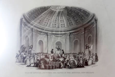 An etching titled 'Sale of Estates, Pictures and Slaves in the Rotunda, New Orleans' is displayed as part of the collection in the Wilberforce House Museum in Hull