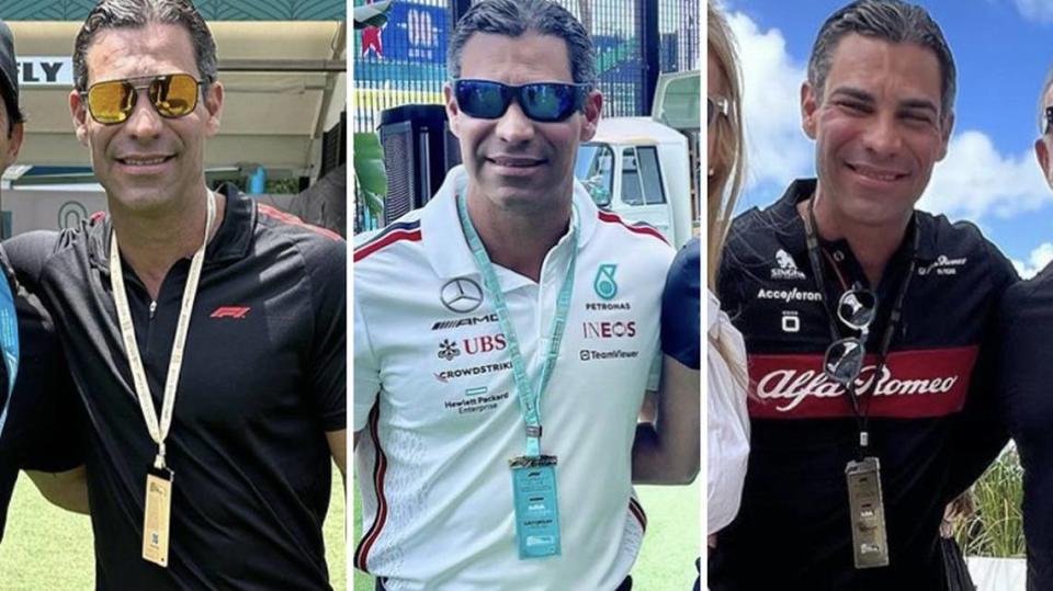 From left to right, photographs posted to Instagram show Miami Mayor Francis Suarez wearing the color-coded passes granting access to the 2023 Formula One Grand Prix Paddock Club on May 5, May 6 and May 7, 2023, respectively.