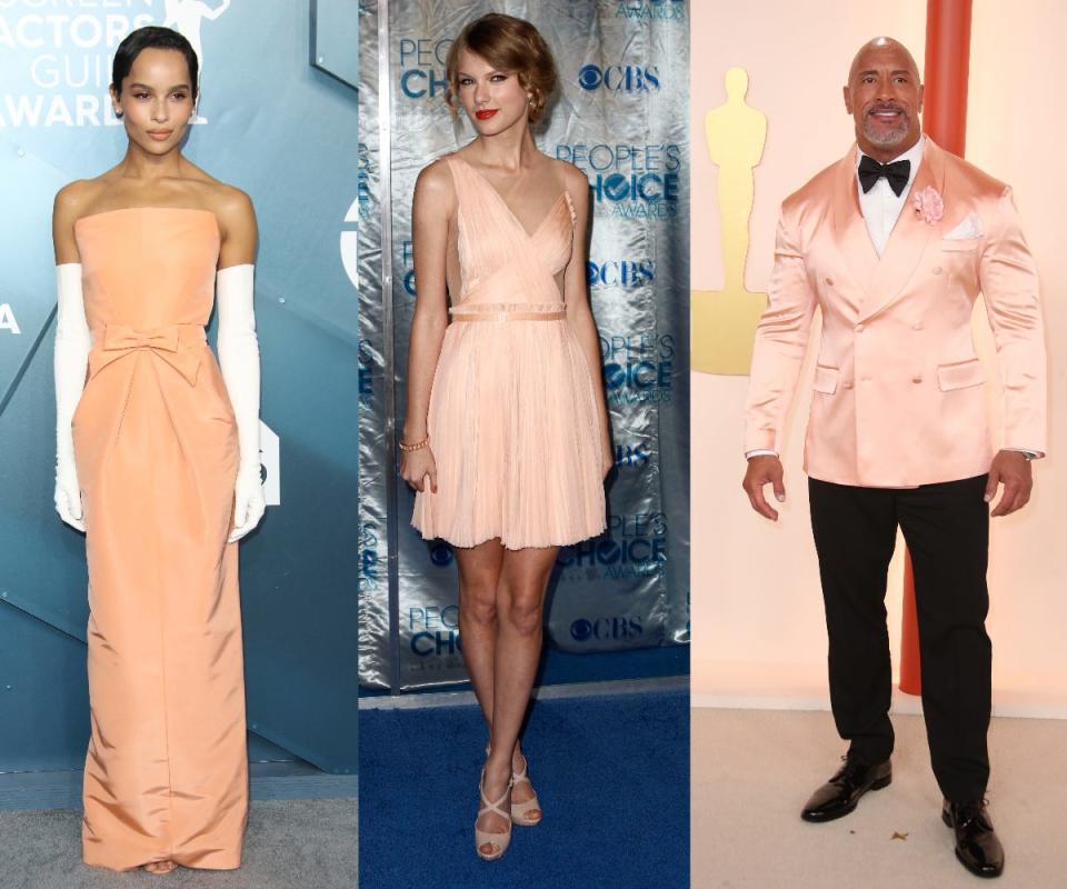 Zoe Kravitz, Taylor Swift and The Rock all donning Peach Fuzz, Pantone's Color of the Year for 2024.