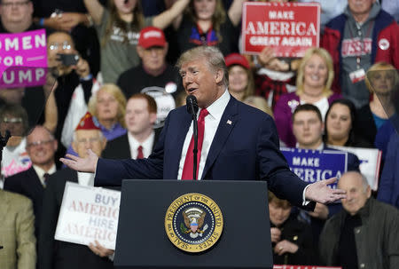 U.S. President Donald Trump speaks in support of Republican congressional candidate Rick Sacconne during a Make America Great Again rally in Moon Township, Pennsylvania, U.S., March 10, 2018. REUTERS/Joshua Roberts