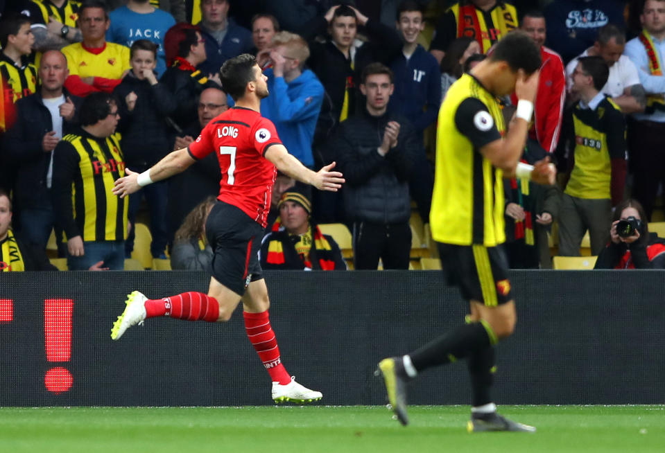 Shane Long of Southampton celebrates after scoring his team's first goal during the Premier League match between Watford and Southampton.