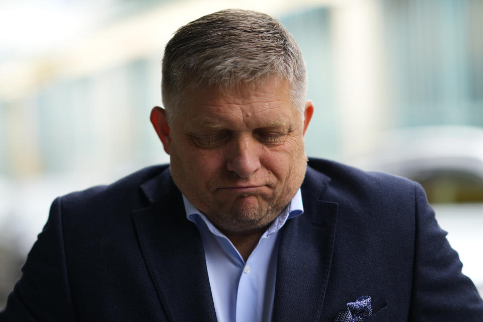 Chairman of SMER-Social Democracy party Robert Fico arrives at his party's headquarters day after an early parliamentary election in Bratislava, Slovakia, Sunday, Oct. 1, 2023. (AP Photo/Petr David Josek)