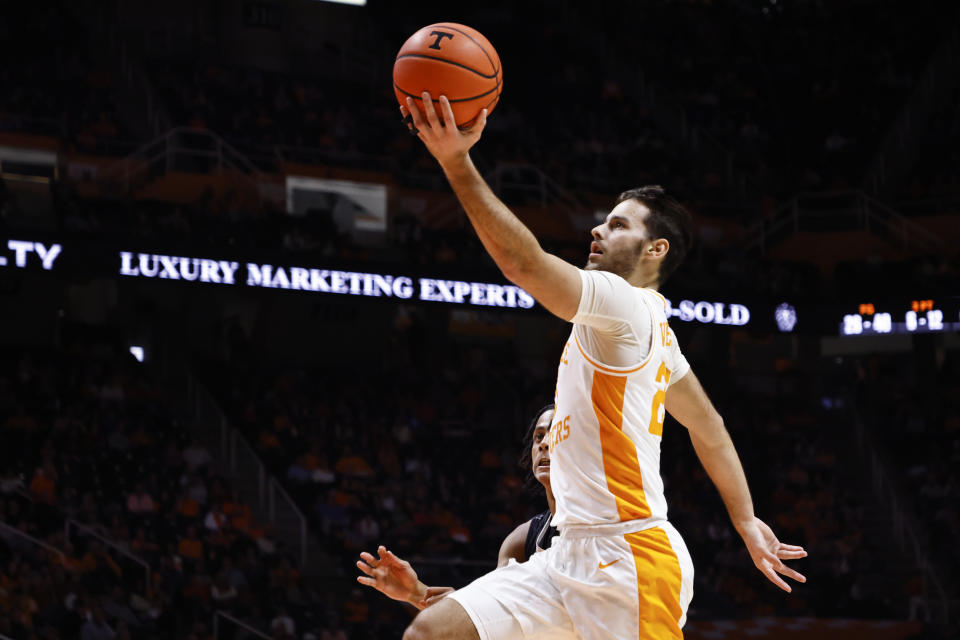 Tennessee guard Santiago Vescovi goes for a layup during the second half of the team's NCAA college basketball game against Austin Peay, Wednesday, Dec. 21, 2022, in Knoxville, Tenn. (AP Photo/Wade Payne)