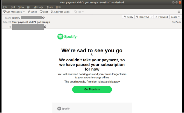 Spotify phishing scam doing the rounds via email. Source: MailGuard